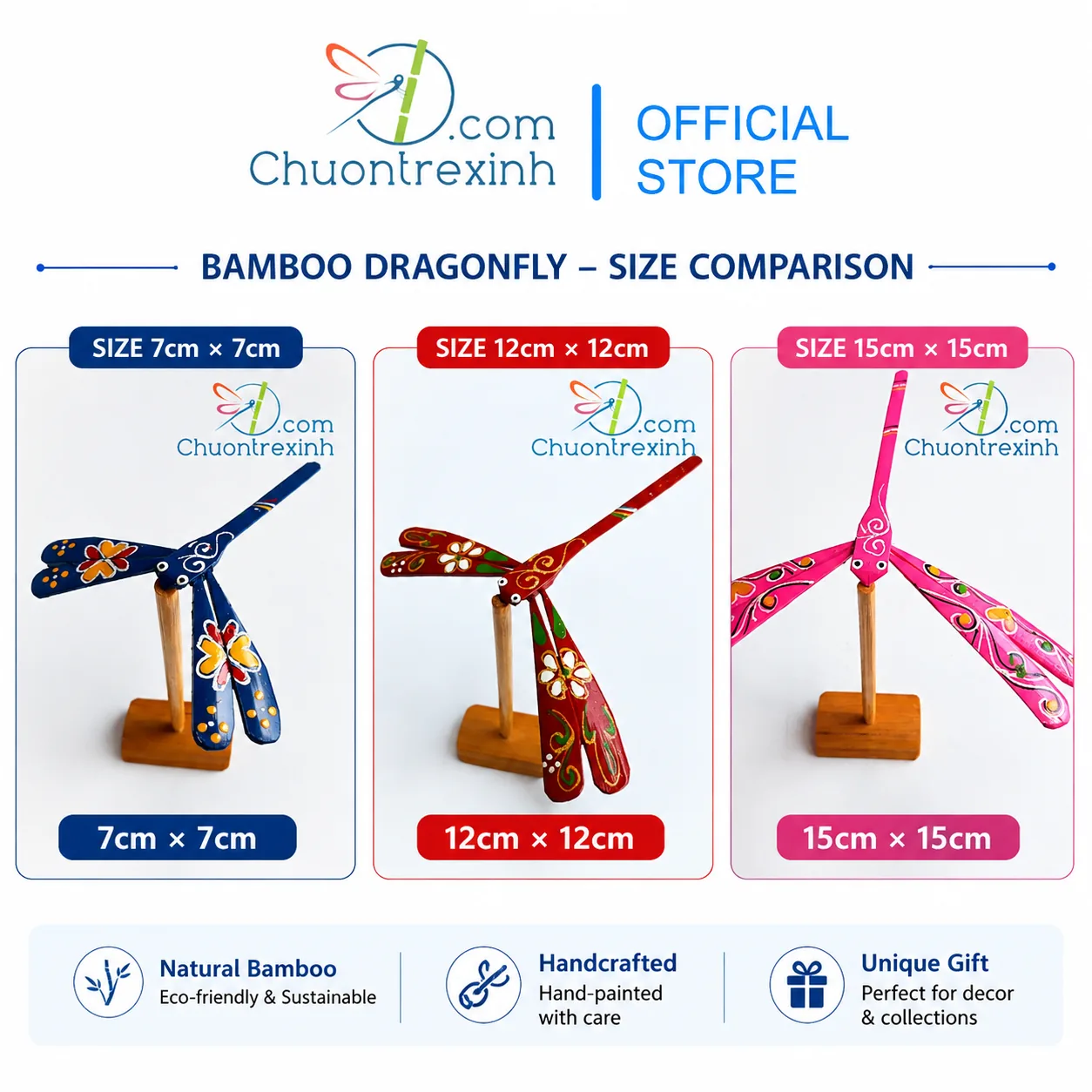 So sánh trực quan chuồn chuồn tre size 7cm 12cm và 15cm